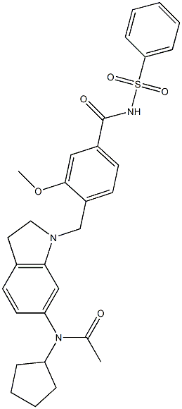 4-[6-(シクロペンチルアセチルアミノ)-(2,3-ジヒドロ-1H-インドール)-1-イルメチル]-3-メトキシ-N-(フェニルスルホニル)ベンズアミド 化学構造式