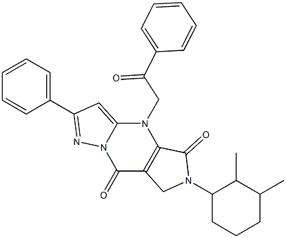 6,7-Dihydro-6-(2,3-dimethylcyclohexyl)-4-(2-oxo-2-phenylethyl)-2-phenyl-4H-1,4,6,8a-tetraaza-s-indacene-5,8-dione,,结构式