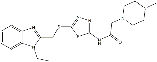 N-[2-[(1-エチル-1H-ベンゾイミダゾール-2-イル)メチルチオ]-1,3,4-チアジアゾール-5-イル]-2-(4-メチルピペラジン-1-イル)アセトアミド 化学構造式