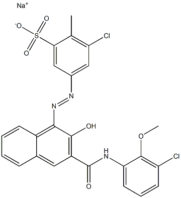 3-クロロ-2-メチル-5-[[3-[[(3-クロロ-2-メトキシフェニル)アミノ]カルボニル]-2-ヒドロキシ-1-ナフチル]アゾ]ベンゼンスルホン酸ナトリウム 化学構造式