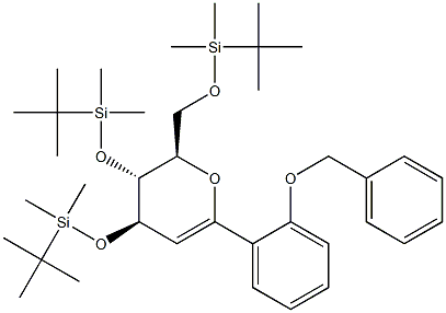 (4R,5R,6R)-5,6-Dihydro-2-(2-benzyloxyphenyl)-4,5-bis(tert-butyldimethylsilyloxy)-6-(tert-butyldimethylsilyloxymethyl)-4H-pyran,,结构式