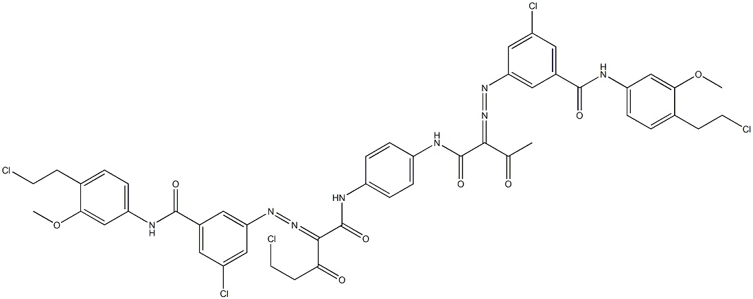 3,3'-[2-(クロロメチル)-1,4-フェニレンビス[イミノカルボニル(アセチルメチレン)アゾ]]ビス[N-[4-(2-クロロエチル)-3-メトキシフェニル]-5-クロロベンズアミド] 化学構造式