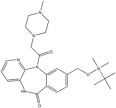 5,11-Dihydro-9-[(tert-butyldimethylsilyloxy)methyl]-11-[(4-methyl-1-piperazinyl)acetyl]-6H-pyrido[2,3-b][1,4]benzodiazepin-6-one,,结构式
