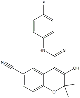 6-Cyano-3-hydroxy-N-(4-fluorophenyl)-2,2-dimethyl-2H-1-benzopyran-4-carbothioamide,,结构式
