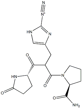 4-[(S)-2-(5-オキソ-L-プロリル)-2-[[2-(アミノカルボニル)ピロリジン-1-イル]カルボニル]エチル]-1H-イミダゾール-2-ジアゾニウム 化学構造式