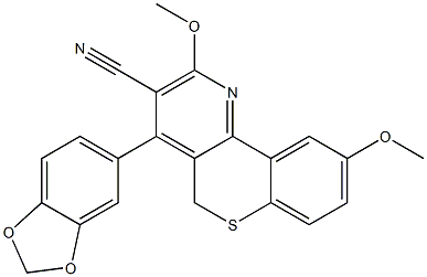 9-メトキシ-2-メトキシ-4-[3,4-(メチレンビスオキシ)フェニル]-5H-[1]ベンゾチオピラノ[4,3-b]ピリジン-3-カルボニトリル 化学構造式