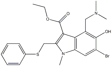 Ethyl 6-bromo-5-hydroxy-4-dimethylaminomethyl-1-methyl-2-phenylthiomethylindole-3-carboxylate Struktur