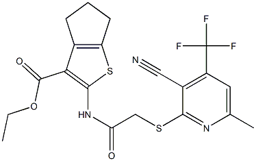 ethyl 2-[(2-{[3-cyano-6-methyl-4-(trifluoromethyl)-2-pyridinyl]sulfanyl}acetyl)amino]-5,6-dihydro-4H-cyclopenta[b]thiophene-3-carboxylate Struktur
