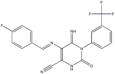 5-{[(E)-(4-fluorophenyl)methylidene]amino}-6-imino-2-oxo-1-[3-(trifluoromethyl)phenyl]-1,2,3,6-tetrahydro-4-pyrimidinecarbonitrile 化学構造式