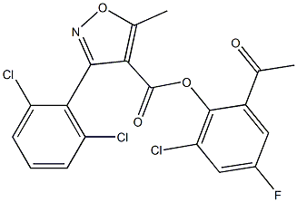 2-acetyl-6-chloro-4-fluorophenyl 3-(2,6-dichlorophenyl)-5-methylisoxazole-4-carboxylate 化学構造式