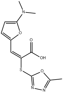 2-Propenoic  acid,  3-[5-(dimethylamino)-2-furanyl]-2-[(5-methyl-1,3,4-oxadiazol-2-yl)thio]-,  (2E)- 结构式
