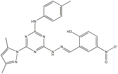 2-hydroxy-5-nitrobenzaldehyde [4-(3,5-dimethyl-1H-pyrazol-1-yl)-6-(4-toluidino)-1,3,5-triazin-2-yl]hydrazone,1005663-97-7,结构式