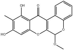 9,11-ジヒドロキシ-6-メトキシ-10-メチル[1]ベンゾピラノ[3,4-b][1]ベンゾピラン-12(6H)-オン 化学構造式