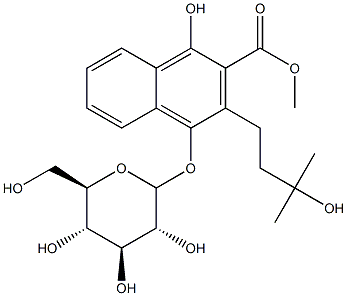 2-Naphthalenecarboxylic acid, 4-(D-glucopyranosyloxy)-1-hydroxy-3-(3-hydroxy-3-methylbutyl)-, methyl ester Struktur