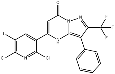 5-(2,6-Dichloro-5-fluoro-3-pyridinyl)-3-phenyl-2-(trifluoromethyl)-pyrazolo[1,5-a]pyrimidin-7(4H)-one, 1259536-62-3, 结构式