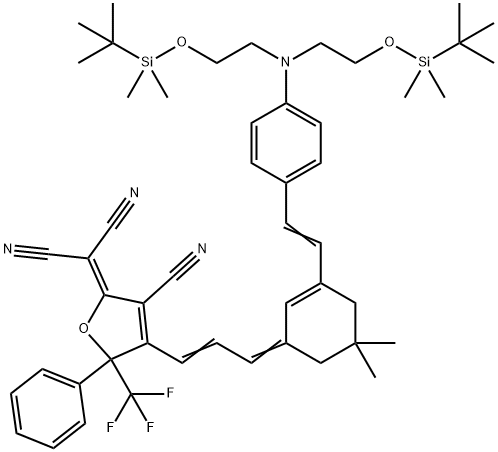 2-{3-cyano-4-[3-(5,5-dimethyl-3-{2-[4-(2,2,3,3,11,11,12,12-octamethyl-4,10-dioxa-7-aza-3,11-disilatridecan-7-yl)phenyl]ethenyl}cyclohex-2-en-1-ylidene)prop-1-en-1-yl]-5-phenyl-5-(trifluoromethyl)-2,5-dihydrofuran-2-ylidene}propanedinitrile|2-{3-cyano-4-[3-(5,5-dimethyl-3-{2-[4-(2,2,3,3,11,11,12,12-octamethyl-4,10-dioxa-7-aza-3,11-disilatridecan-7-yl)phenyl]ethenyl}cyclohex-2-en-1-ylidene)prop-1-en-1-yl]-5-phenyl-5-(trifluoromethyl)-2,5-dihydrofuran-2-ylidene}propanedinitrile