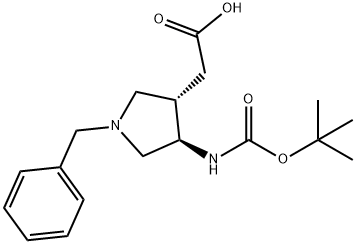 3S,4R-(1-Benzyl-4-tert-butoxycarbonylamino-pyrrolidin-3-yl)-acetic acid 化学構造式