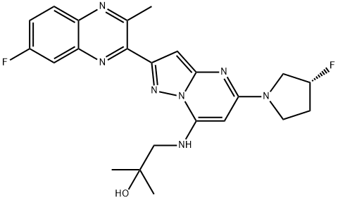 1-[[2-(7-Fluoro-3-methyl-2-quinoxalinyl)-5-[(3R)-3-fluoro- 1-pyrrolidinyl]pyrazolo[1,5-a]pyrimidin-7-yl]amino]-2-methyl-2-propanol Monohydrate Structure