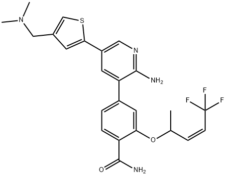 4-[2-Amino-5-[4-[(dimethylamino)methyl]-2-thienyl]-3-pyridinyl]-2-[[(2Z)-4,4,4-trifluoro-1-methyl-2-buten-1-yl]oxy]benzamide 化学構造式