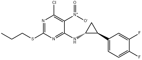 6-chloro-N-((1R,2S)-2-(3,4-difluorophenyl)cyclopropyl)-5- nitro-2-(propylthio)pyrimidin-4-amine 化学構造式