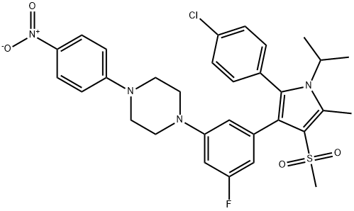 1-(3-(2-(4-Chlorophenyl)-1-isopropyl-5-methyl-4-(methylsulfonyl)-1hydro-pyrrol-3-yl)-5-fluorophenyl )-4-(4-nitrophenyl)-piperazine Struktur