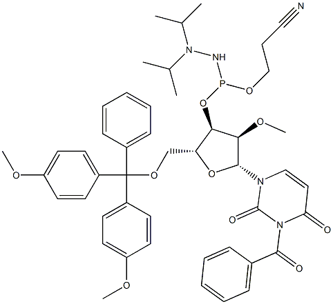 Uridine, 3-benzoyl-5'-O-[bis(4-methoxyphenyl)phenylmethyl]-2'-O-methyl-, 3'-[2-cyanoethyl [bis(1-methylethyl)amino]phosphoramidite] (9CI) 化学構造式