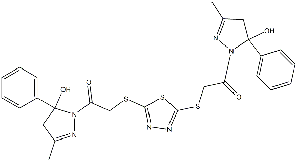 1-{[(5-{[2-(5-hydroxy-3-methyl-5-phenyl-4,5-dihydro-1H-pyrazol-1-yl)-2-oxoethyl]sulfanyl}-1,3,4-thiadiazol-2-yl)sulfanyl]acetyl}-3-methyl-5-phenyl-4,5-dihydro-1H-pyrazol-5-ol 化学構造式