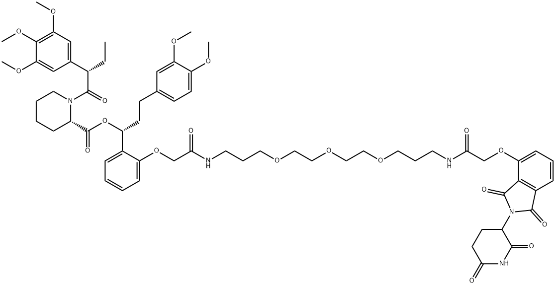 (1R)-3-(3,4-dimethoxyphenyl)-1-[2-({[3-(2-{2-[3-(2-{[2-(2,6-dioxopiperidin-3-yl)-1,3-dioxo-2,3-dihydro-1H-isoindol-4-yl]oxy}acetamido)propoxy]ethoxy}ethoxy)propyl]carbamoyl}methoxy)phenyl]propyl (2S)-1-[(2S)-2-(3,4,5-trimethoxyphenyl)butanoyl]piperidine-2-carboxylate 化学構造式