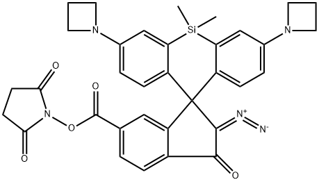 2,5-Dioxo-1-pyrrolidinyl 3,7-di-1-azetidinyl-2'-diazo-5,5-dimethyl-2',3'-dihydro-5H-3'-oxospiro[dibenzo[b,e]siline-10,1'-indene]-6'-carboxylate Struktur