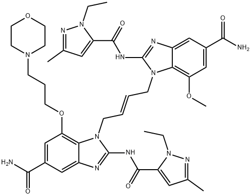 1H-Benzimidazole-5-carboxamide, 1-[(2E)-4-[5-(aminocarbonyl)-2-[[(1-ethyl-3-methyl-1H-pyrazol-5-yl)carbonyl]amino]-7-methoxy-1H-benzimidazol-1-yl]-2-buten-1-yl]-2-[[(1-ethyl-3-methyl-1H-pyrazol-5-yl)carbonyl]amino]-7-[3-(4-morpholinyl)propoxy]- Structure