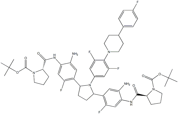 di-tert-butyl 2,2'-(((((2R,5R)-1-(3,5-difluoro-4-(4-(4-fluorophenyl)piperidin-1-yl)phenyl)pyrrolidine-2,5-diyl)bis(2-amino-5-fluoro-4,1-phenylene))bis(azanediyl))bis(carbonyl))(2S,2'S)-bis(pyrrolidine-1-carboxylate),2151870-61-8,结构式