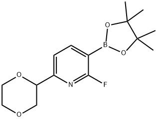6-(1,4-dioxan-2-yl)-2-fluoro-3-(4,4,5,5-tetramethyl-1,3,2-dioxaborolan-2-yl)pyridine Struktur