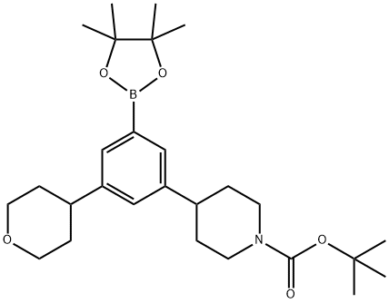 3-(4-Tetrahydropyranyl)-5-(N-Boc-piperidin-4-yl)phenylboronic acid pinacol ester 化学構造式