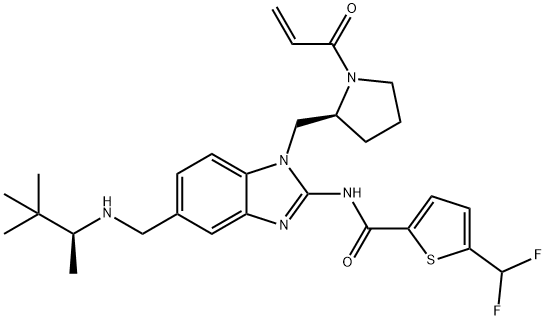 2-Thiophenecarboxamide, 5-(difluoromethyl)-N-[1-[[(2S)-1-(1-oxo-2-propen-1-yl)-2-pyrrolidinyl]methyl]-5-[[[(1S)-1,2,2-trimethylpropyl]amino]methyl]-1H-benzimidazol-2-yl]- Struktur
