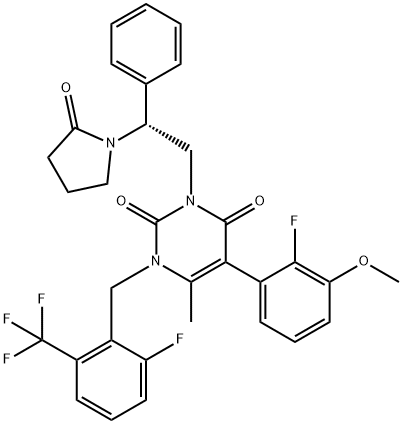 (R)-5-(2-fluoro-3-methoxyphenyl)-1-(2-fluoro-6-(trifluoromethyl)benzyl)-6-methyl-3-(2-(2-oxopyrrolidin-1-yl)-2-phenylethyl)pyrimidine-2,4(1H,3H)-dione|(R)-5-(2-FLUORO-3-METHOXYPHENYL)-1-(2-FLUORO-6-(TRIFLUOROMETHYL)BENZYL)-6-METHYL-3-(2-(2-OXOPYRROLID