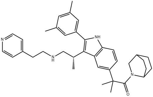 1-Propanone, 1-(2-azabicyclo[2.2.2]oct-2-yl)-2-[2-(3,5-dimethylphenyl)-3-[(1S)-1-methyl-2-[[2-(4-pyridinyl)ethyl]amino]ethyl]-1H-indol-5-yl]-2-methyl-,255863-81-1,结构式