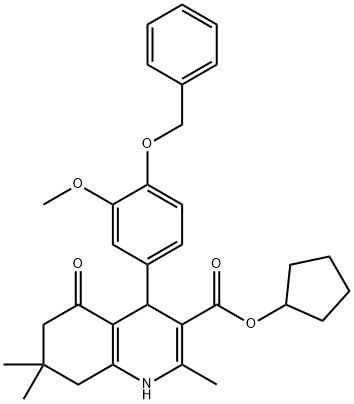 cyclopentyl 4-[4-(benzyloxy)-3-methoxyphenyl]-2,7,7-trimethyl-5-oxo-1,4,5,6,7,8-hexahydroquinoline-3-carboxylate 化学構造式