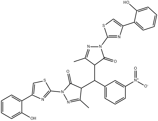 4-({3-nitrophenyl}{1-[4-(2-hydroxyphenyl)-1,3-thiazol-2-yl]-3-methyl-5-oxo-4,5-dihydro-1H-pyrazol-4-yl}methyl)-2-[4-(2-hydroxyphenyl)-1,3-thiazol-2-yl]-5-methyl-2,4-dihydro-3H-pyrazol-3-one Structure