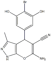 6-amino-4-(4-bromo-3,5-dihydroxyphenyl)-3-methyl-1,4-dihydropyrano[2,3-c]pyrazole-5-carbonitrile 结构式