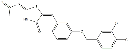 N-(5-{3-[(3,4-dichlorobenzyl)oxy]benzylidene}-4-oxo-1,3-thiazolidin-2-ylidene)acetamide 化学構造式