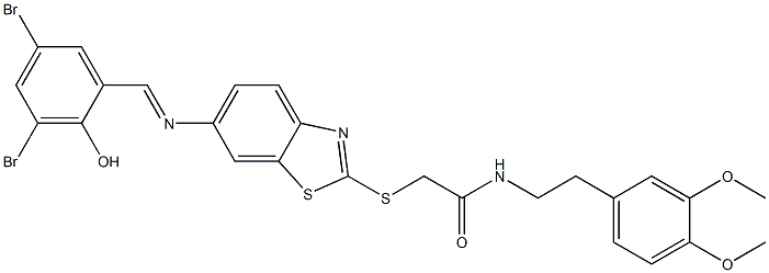 2-({6-[(3,5-dibromo-2-hydroxybenzylidene)amino]-1,3-benzothiazol-2-yl}sulfanyl)-N-[2-(3,4-dimethoxyphenyl)ethyl]acetamide,311781-24-5,结构式