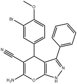 6-amino-4-(3-bromo-4-methoxyphenyl)-3-phenyl-2,4-dihydropyrano[2,3-c]pyrazole-5-carbonitrile 化学構造式