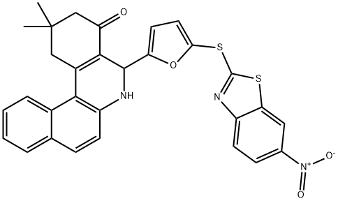 5-[5-({6-nitro-1,3-benzothiazol-2-yl}sulfanyl)-2-furyl]-2,2-dimethyl-2,3,5,6-tetrahydrobenzo[a]phenanthridin-4(1H)-one 结构式