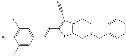 6-benzyl-2-[(3-bromo-4-hydroxy-5-methoxybenzylidene)amino]-4,5,6,7-tetrahydrothieno[2,3-c]pyridine-3-carbonitrile 化学構造式