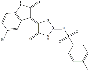 N-[5-(5-bromo-2-oxo-1,2-dihydro-3H-indol-3-ylidene)-4-oxo-1,3-thiazolidin-2-ylidene]-4-methylbenzenesulfonamide 化学構造式