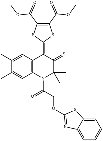 dimethyl 2-(1-[(1,3-benzothiazol-2-yloxy)acetyl]-2,2,6,7-tetramethyl-3-thioxo-2,3-dihydro-4(1H)-quinolinylidene)-1,3-dithiole-4,5-dicarboxylate Structure
