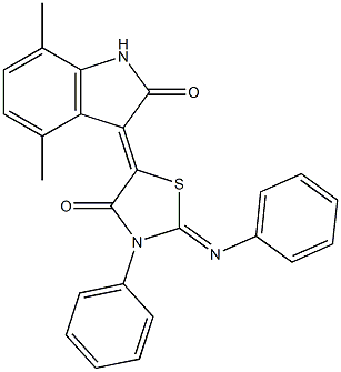 4,7-dimethyl-3-[4-oxo-3-phenyl-2-(phenylimino)-1,3-thiazolidin-5-ylidene]-1,3-dihydro-2H-indol-2-one Structure