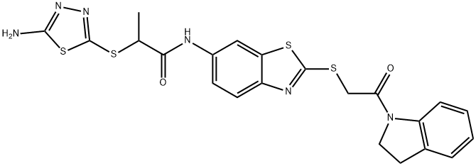 2-[(5-amino-1,3,4-thiadiazol-2-yl)sulfanyl]-N-(2-{[2-(2,3-dihydro-1H-indol-1-yl)-2-oxoethyl]sulfanyl}-1,3-benzothiazol-6-yl)propanamide|