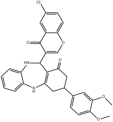 11-(6-chloro-4-oxo-4H-chromen-3-yl)-3-(3,4-dimethoxyphenyl)-2,3,4,5,10,11-hexahydro-1H-dibenzo[b,e][1,4]diazepin-1-one,347352-75-4,结构式