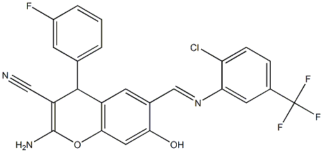 2-amino-6-({[2-chloro-5-(trifluoromethyl)phenyl]imino}methyl)-4-(3-fluorophenyl)-7-hydroxy-4H-chromene-3-carbonitrile|